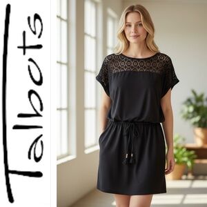 Talbots Black Drawstring Beach Cover / Dress with Lace Insert Size XL